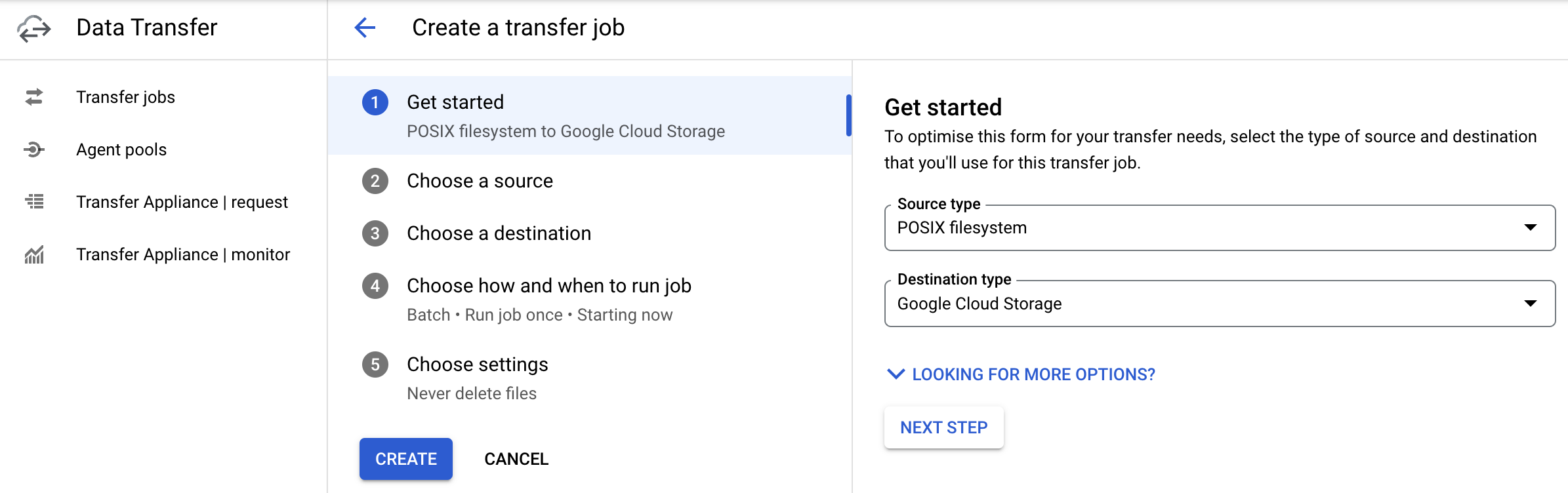 Bilde som viser Create a transfer job i Google Cloud Console