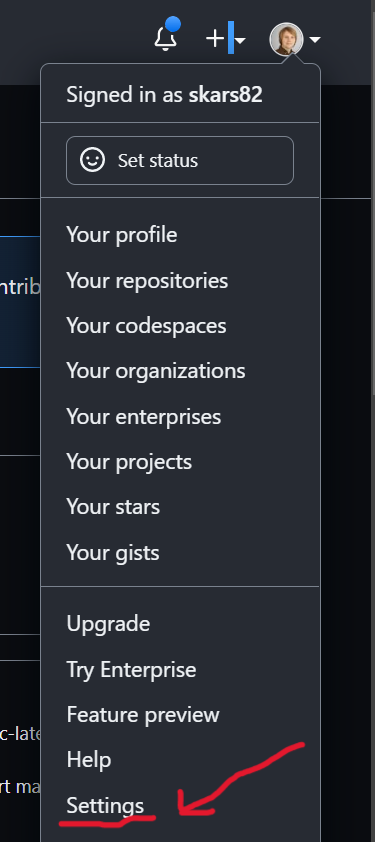 Bilde av GitHub-menyen for å åpne Settings-menyen.