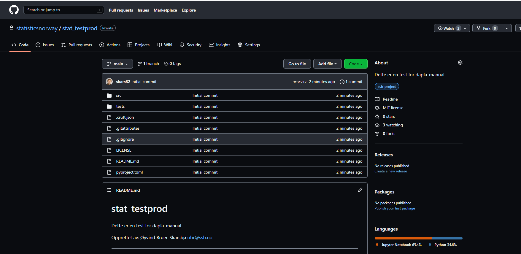 Bilde av et GitHub-repo som ble opprettet av ssb-project